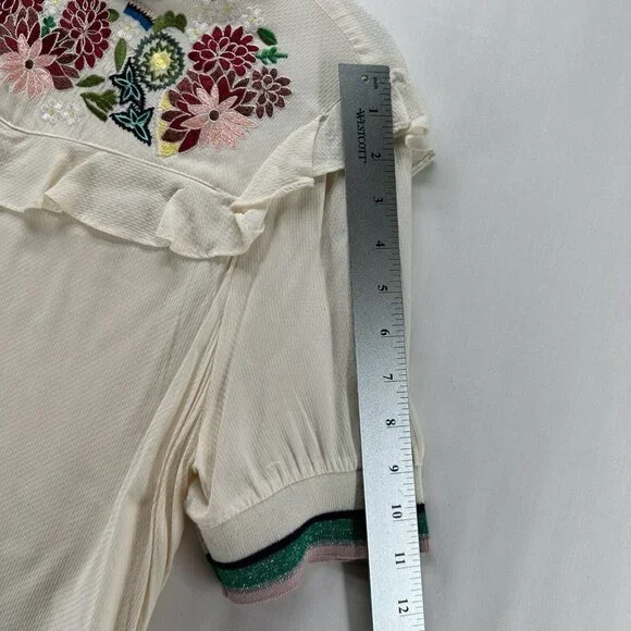 A Picture's Worth Top Womens L Embroidered Ruffled Yoke Short Sleeve Off White - Picture 10 of 11